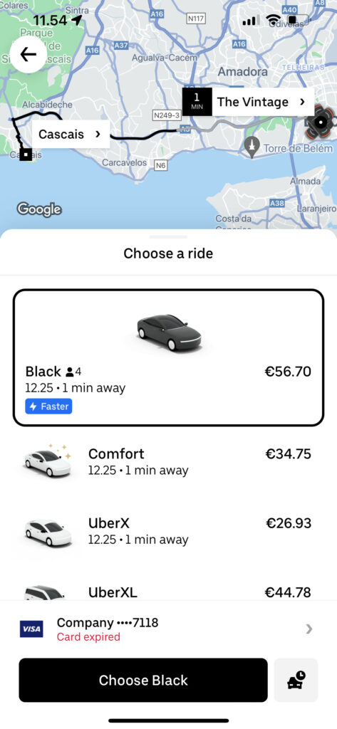 Uber Fees Traveling to Cascais from Lisbon