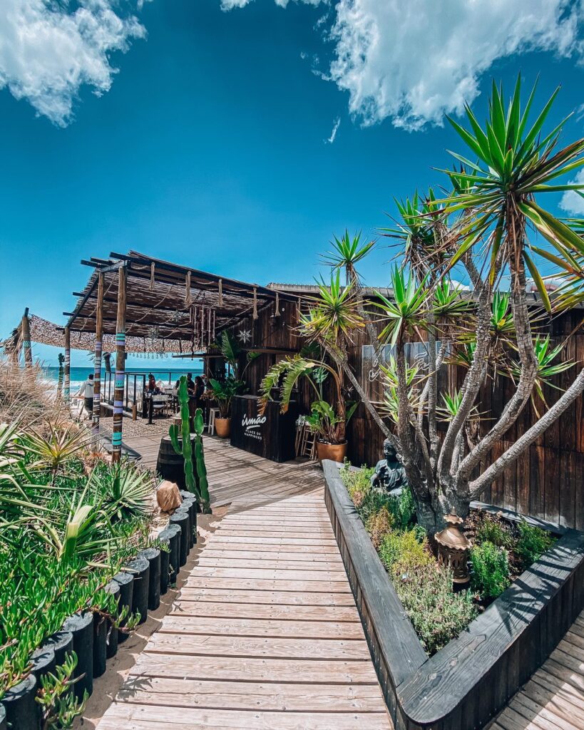 Lisbon in March: 10 Things To Do (Spring is Here) 4 Beachside bar with lush tropical plants, wooden pathway, and a thatched roof structure overlooking the ocean in Lisbon. Perfect for enjoying spring weather and scenic coastal views.