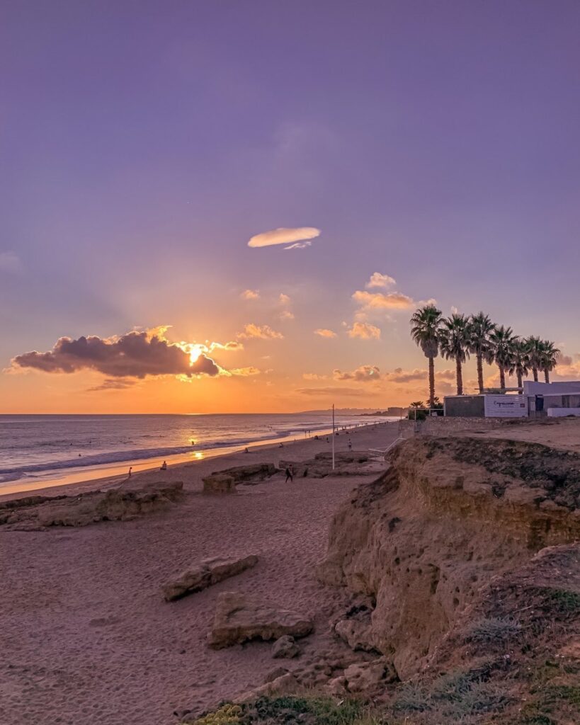 12 Best Beaches in Lisbon (Tourism Guide) 3 Beautiful sunset over Lisbon's beach featuring palm trees, sandy shores, and rocky cliffs, perfect for relaxing and enjoying scenic coastal views in Portugal.